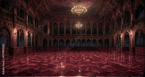 baroque room interior of gothic palace castle mansion with candles dark red embellishments. goth horror ballroom with arches, columns, and pillars.