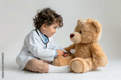 Toddler child in doctor's uniform playing hospital with big teddy bear, isolated on white photo