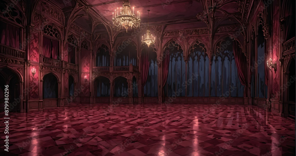 Obraz premium baroque room interior of gothic palace castle mansion with candles dark red embellishments. goth horror ballroom with arches, columns, and pillars.