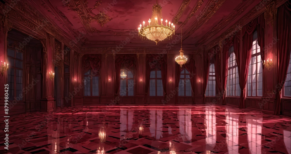 Obraz premium palace interior of room red ballroom sun room with sunlight through windows. elegant mansion gothic baroque castle decor and victorian style. candles and chandelier lighting.