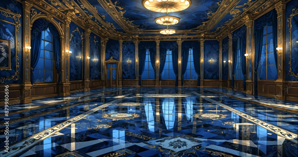 Obraz premium blue lobby room interior of mansion palace hotel building. door walkway art nuevo gothic blue and gold ornamental style with candles and deco symmetrical detailing.