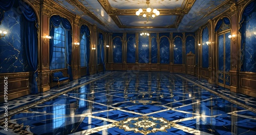 blue lobby room interior of mansion palace hotel building. door walkway art nuevo gothic blue and gold ornamental style with candles and deco symmetrical detailing.