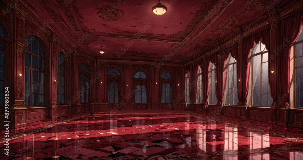 Obraz premium palace interior of room red ballroom sun room with sunlight through windows. elegant mansion gothic baroque castle decor and victorian style. candles and chandelier lighting.