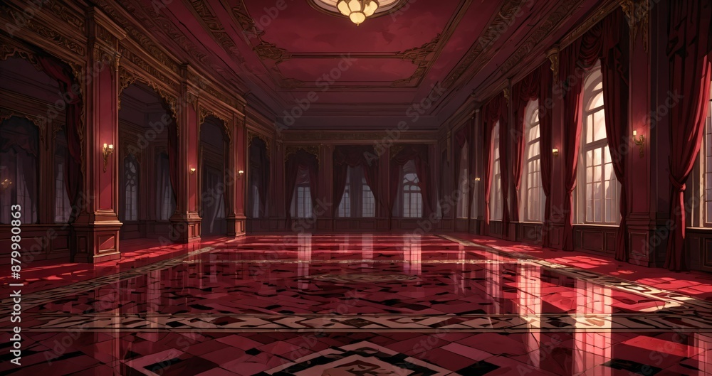 Obraz premium palace interior of room red ballroom sun room with sunlight through windows. elegant mansion gothic baroque castle decor and victorian style. candles and chandelier lighting.