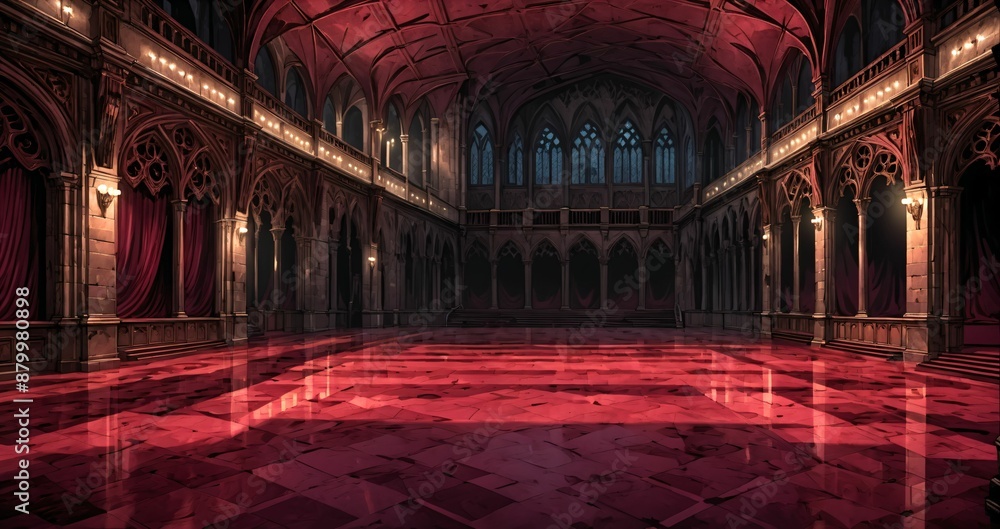 Obraz premium baroque room interior of gothic palace castle mansion with candles dark red embellishments. goth horror ballroom with arches, columns, and pillars.