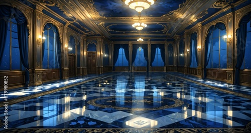 blue lobby room interior of mansion palace hotel building. door walkway art nuevo gothic blue and gold ornamental style with candles and deco symmetrical detailing.