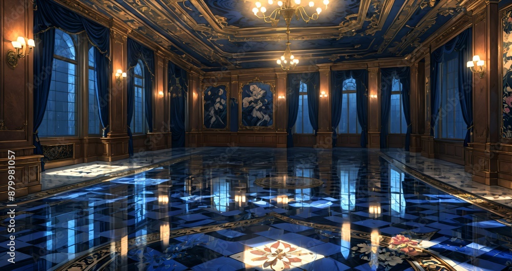 Obraz premium blue lobby room interior of mansion palace hotel building. door walkway art nuevo gothic blue and gold ornamental style with candles and deco symmetrical detailing.