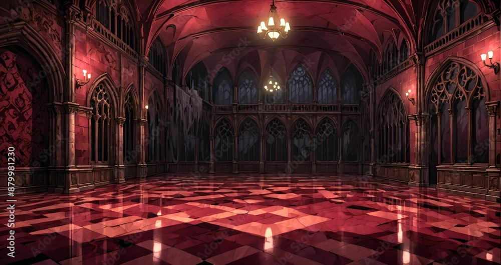 Obraz premium palace interior of room red ballroom sun room with sunlight through windows. elegant mansion gothic baroque castle decor and victorian style. candles and chandelier lighting.