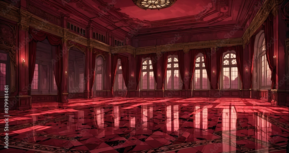 Obraz premium palace interior of room red ballroom sun room with sunlight through windows. elegant mansion gothic baroque castle decor and victorian style. candles and chandelier lighting.