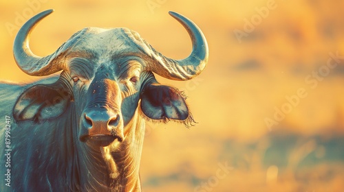   A close-up of a bull's face, featuring large horns on its head, with a blurry background
