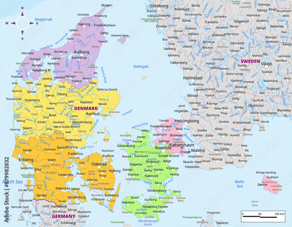 Fototapeta premium Denmark political map with capital , cities, towns, national borders, rivers and lakes. labeling