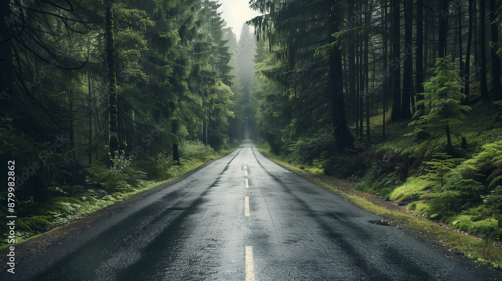 Road after rain running through foggy forest Road after rain running through foggy forest