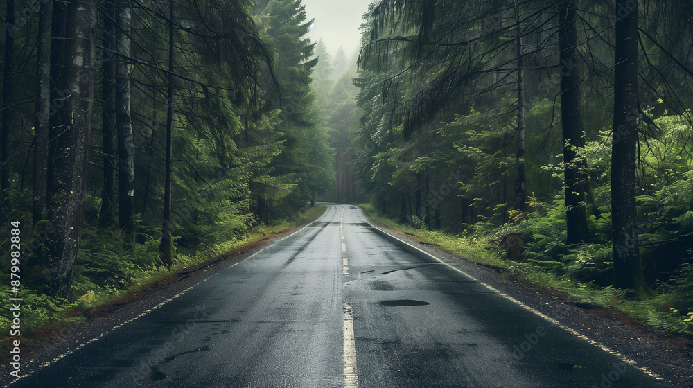 Road after rain running through foggy forest Road after rain running through foggy forest