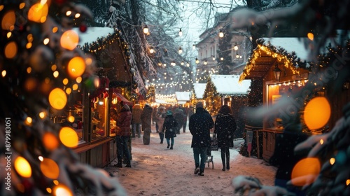 Bustling Christmas market during a snowy day with unposed people strolling around, with copy space