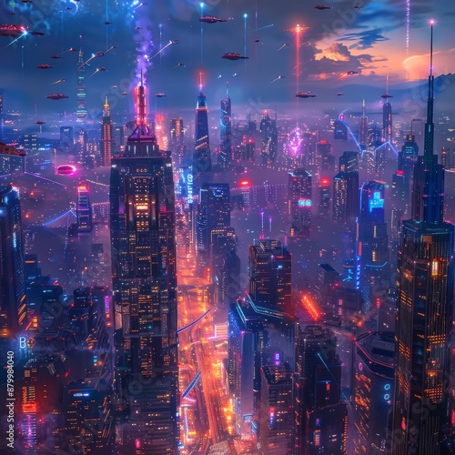 a futuristic cityscape at night, illuminated skyscrapers with neon lights