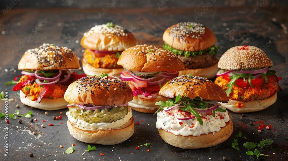 Variety of vegetarian burgers with cream cheese and various toppings on dark background Variety of vegetarian burgers with cream cheese and various toppings on dark background