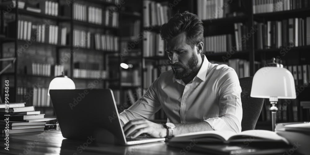 A person sitting at a desk using a laptop for work or study, suitable for office or education-related uses A person sitting at a desk using a laptop for work or study, suitable for office or education-related uses