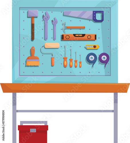 Tools for house repair hanging on a pegboard over a workbench