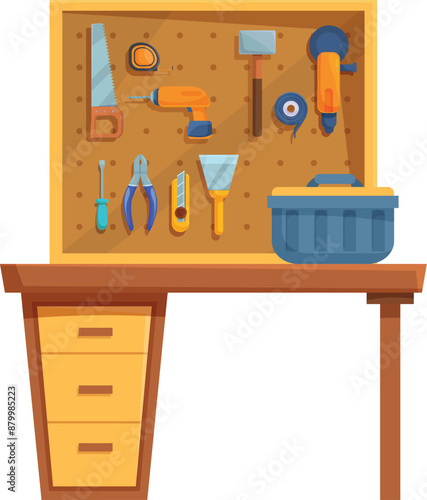 Handyman is organizing his tools on a pegboard above his workbench, ensuring everything is in its place