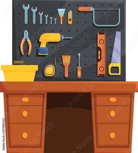 Carpenter's workbench is shown with a pegboard hanging above, displaying an array of tools photo