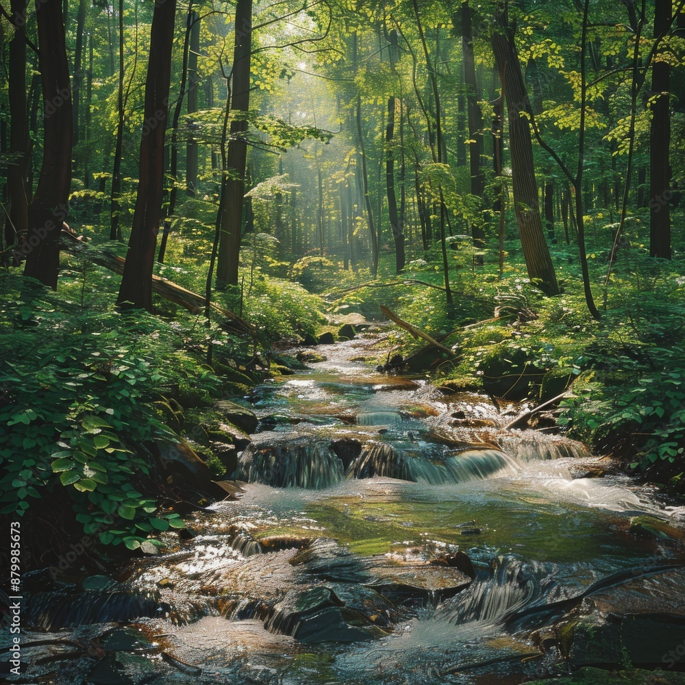 Fototapeta premium a lush, green forest with a clear stream flowing through,