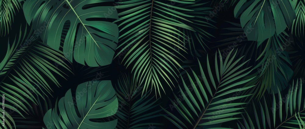 Dark green seamless pattern with palm leaves texture Generative AI Dark green seamless pattern with palm leaves texture Generative AI