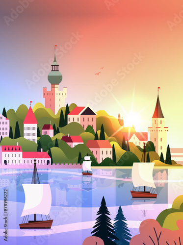 Sunset seaside town with sailing ships colorful landscape with houses trees hills and water reflection scenic view travel concept background