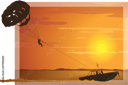 parasailing, silhouette of person with a parachute being towed by a motor boat on open water with a sunset sky in the background