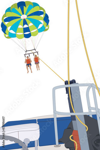 parasailing, couple under a colorful parachute in mid air towed behind a motor boat isolated on a white background