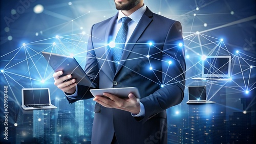 Businessman connecting tech devices to each other 3D rendering