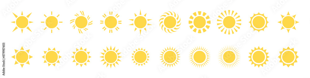 Fototapeta premium sun icon set. sun vector. sunshine icon set. sunlight effect. yellow sun symbol. sunshine vector sign collection. transparent background. heat. circle pattern. vector illustration.