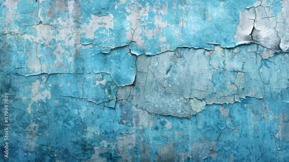 Fototapeta premium A detailed image of an aged wall with vibrant blue paint peeling off, displaying signs of aging and weathering