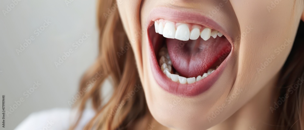 Obraz premium Close Up Of A Woman's Open Mouth With White Teeth And Pink Lips