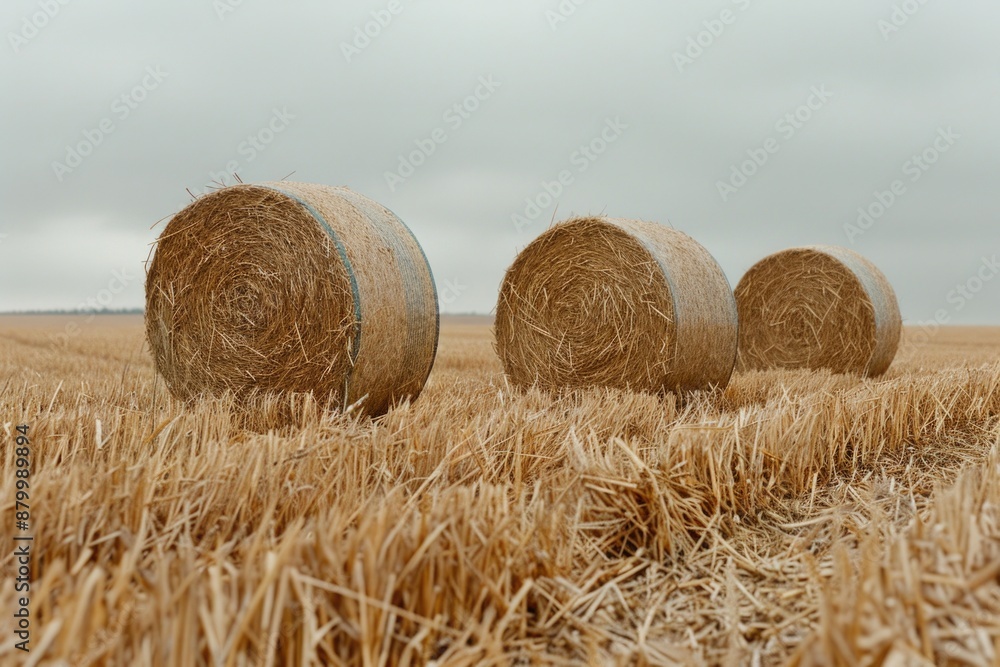 Three hay bales are in field of tall grass Three hay bales are in field of tall grass