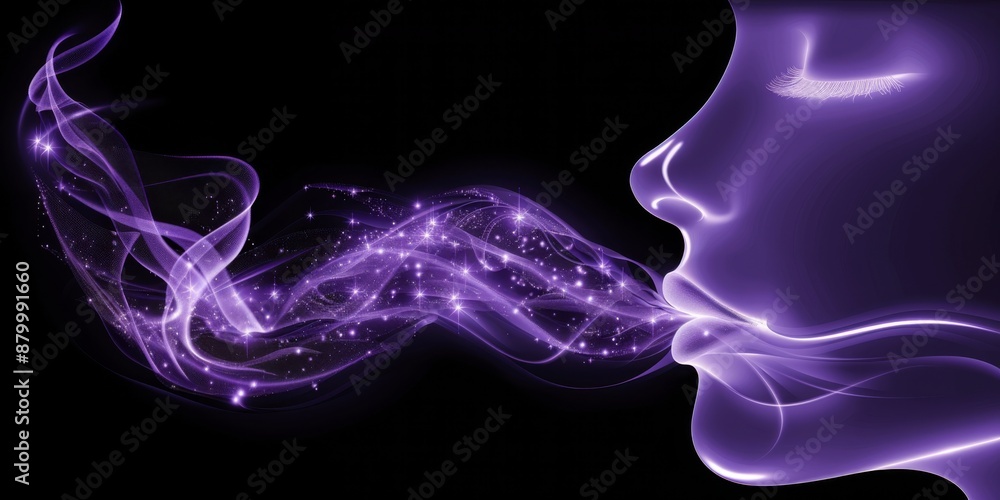 Digital illustration of face exhaling purple sparkling smoke. Futuristic and fantasy concept. Banner with copy space Digital illustration of face exhaling purple sparkling smoke. Futuristic and fantasy concept. Banner with copy space