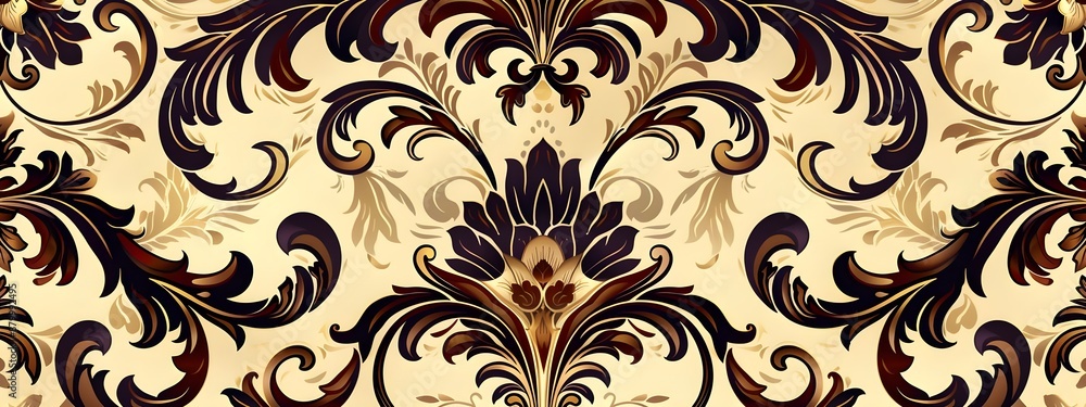 detailed elegant baroque floral pattern intricate designs shades of brown cream gold light beige background symmetrical floral motifs swirling leaves reminiscent classical European wallpaper detailed elegant baroque floral pattern intricate designs shades of brown cream gold light beige background symmetrical floral motifs swirling leaves reminiscent classical European wallpaper