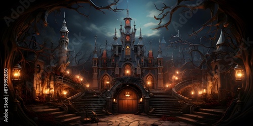 Mystical castle in the night. Halloween background. 3d rendering © Iman
