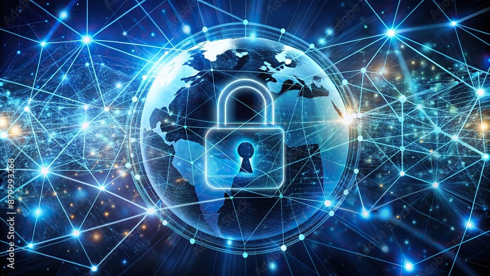 Obraz premium Virtual interface depicting global network security technology with padlock icon, encryption, and abstract connections, protecting personal information from cyber threats.