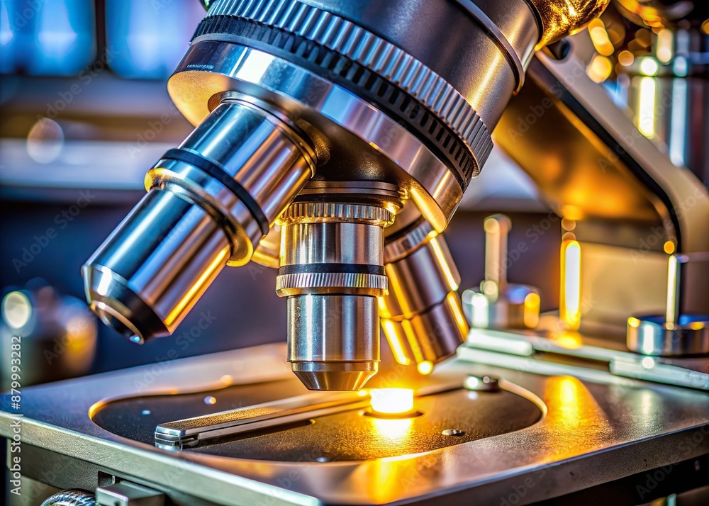 Precise close-up of a professional microscope's metallic lens with intricate details, reflecting light, on a clean laboratory workbench, ready for scientific examination. Precise close-up of a professional microscope's metallic lens with intricate details, reflecting light, on a clean laboratory workbench, ready for scientific examination.