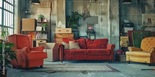 A warm and inviting living room with comfortable furniture and moving boxes photo