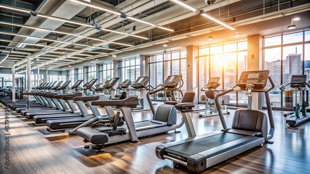 Modern fitness center interior with rows of treadmills, exercise bikes, and elliptical machines, amidst a blurred background of weights and strength training equipment. Modern fitness center interior with rows of treadmills, exercise bikes, and elliptical machines, amidst a blurred background of weights and strength training equipment.