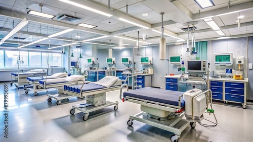 Empty hospital emergency room with medical equipment and supplies, beds and monitors, conveying a sense of urgency and readiness for healthcare professionals to provide care. © Man888