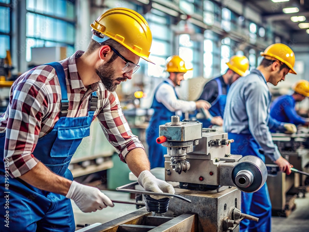 Skilled individuals operating various machines in a manufacturing or industrial Skilled individuals operating various machines in a manufacturing or industrial
