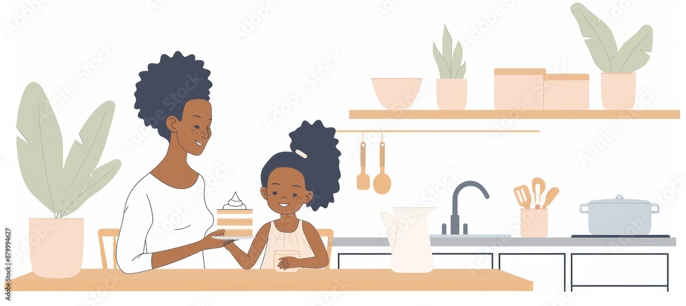 Fototapeta premium Mother and daughter savoring cake in cozy kitchen, sharing a warm moment together