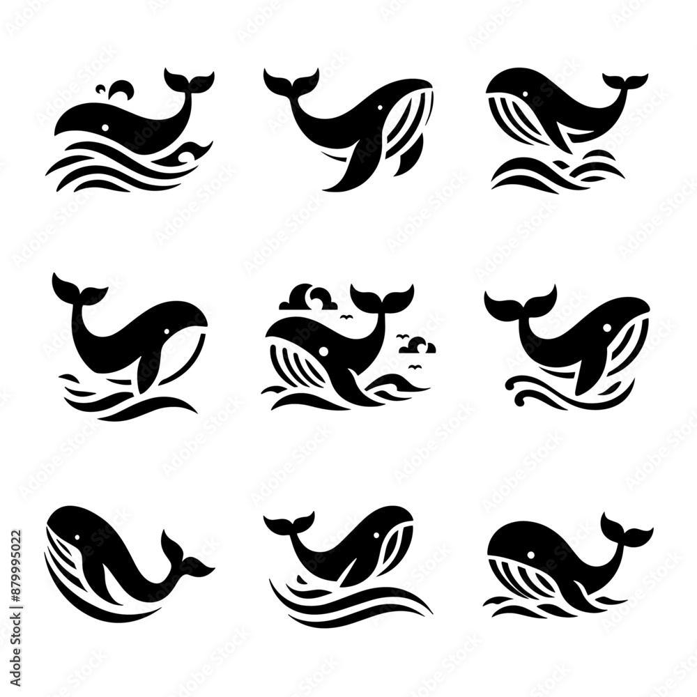 A set of black and white whale illustrations A set of black and white whale illustrations