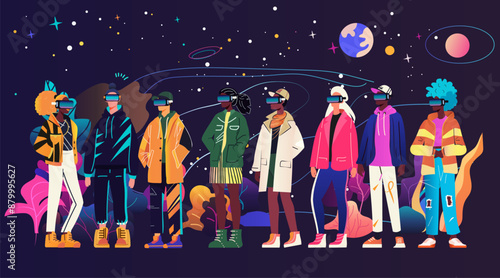 People group virtual reality futuristic community Diverse individuals wearing VR headsets standing in a cosmic background with stars planets and abstract elements