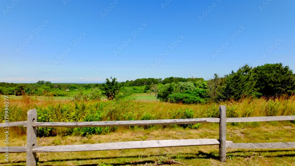 Walking side view nature scene with wood fence. Blue sky and green vegetation Walking side view nature scene with wood fence. Blue sky and green vegetation