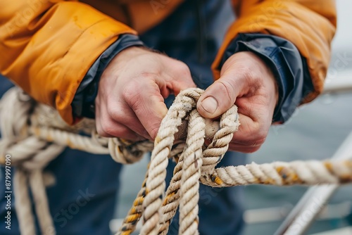 Closeup of a Man Tying a Knot with Thick Rope