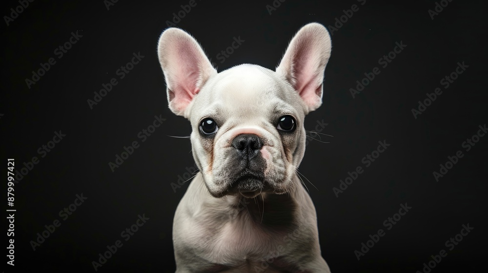 Hungry white French bulldog isolated on black background Hungry white French bulldog isolated on black background
