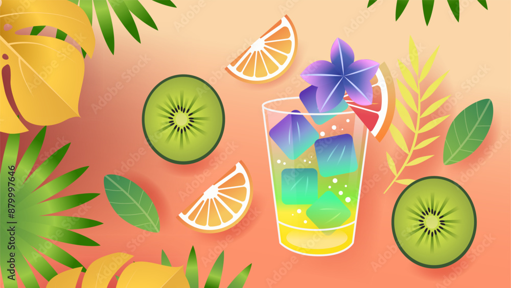 Fototapeta premium Tropical drink with ice cubes and flower surrounded by kiwi slices citrus wedges palm leaves on gradient orange background